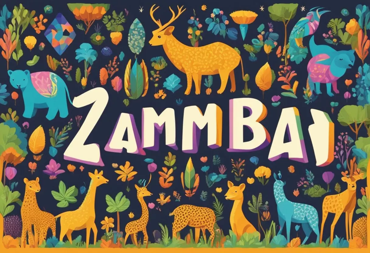 A colorful array of traditional Zambian symbols and animals surrounds the words 