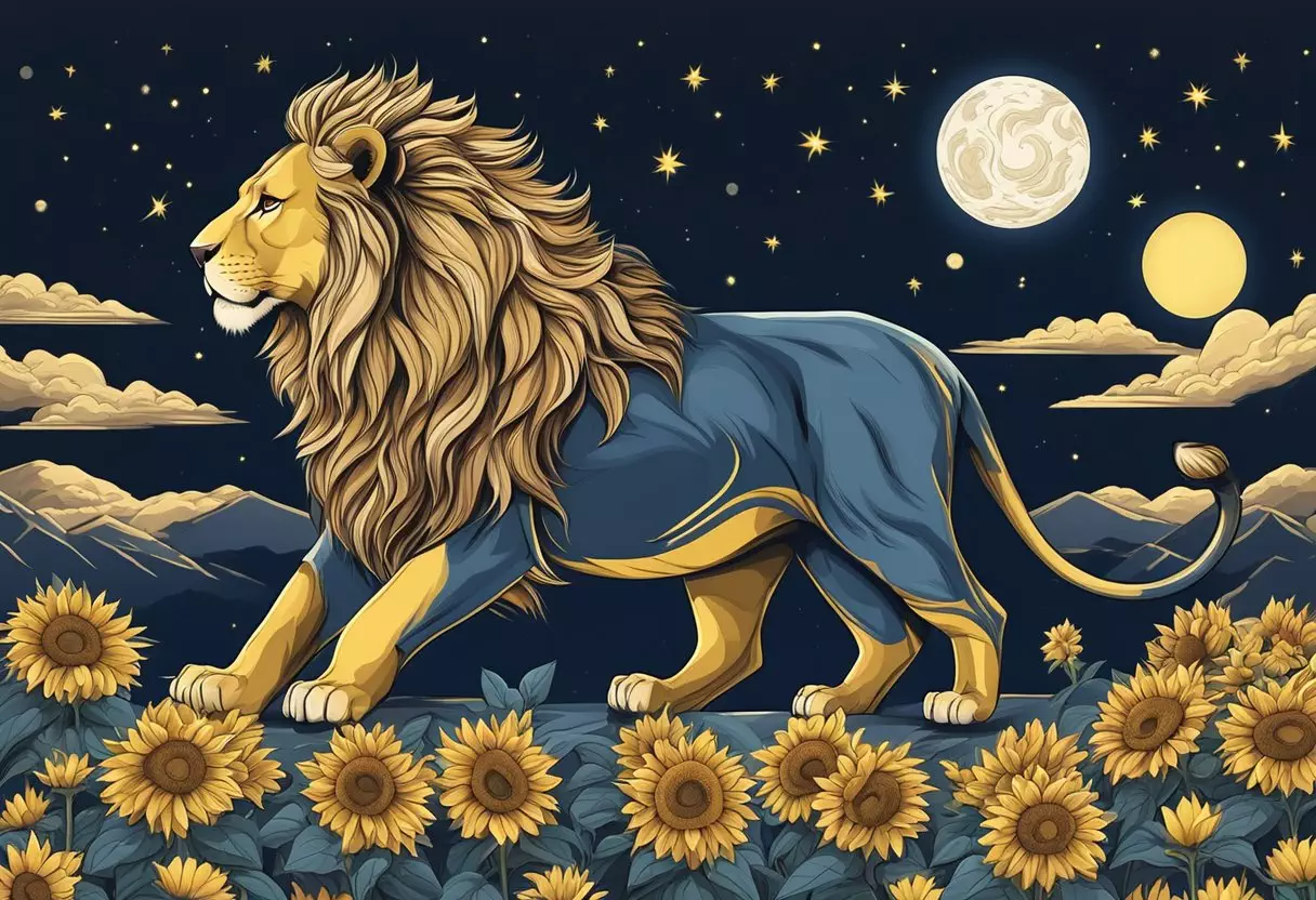 A lion roaring under a starry sky, surrounded by sunflowers and a golden mane glowing in the moonlight