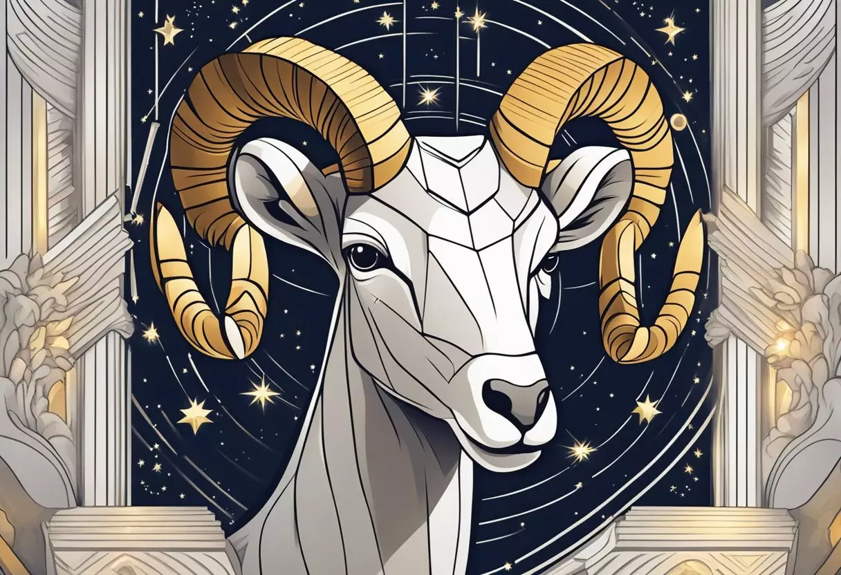 Aries symbol with stars, ram, and fire