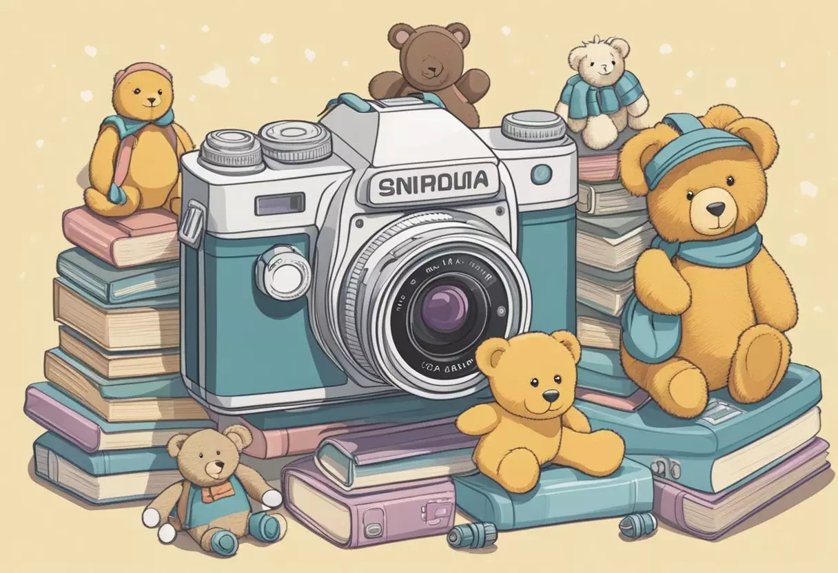 A camera surrounded by baby items like rattles, onesies, and stuffed animals. A stack of photography books with baby names on the covers