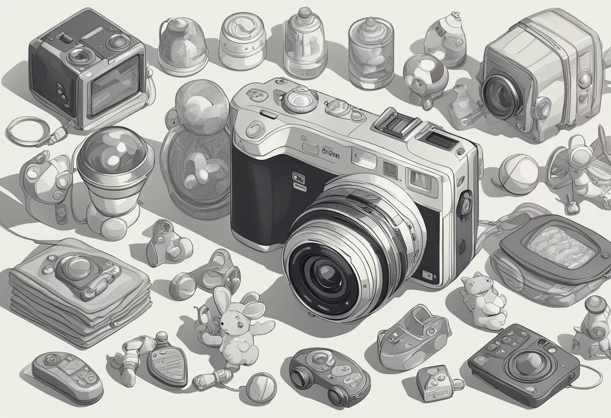 A camera surrounded by baby items like rattles, toys, and blankets