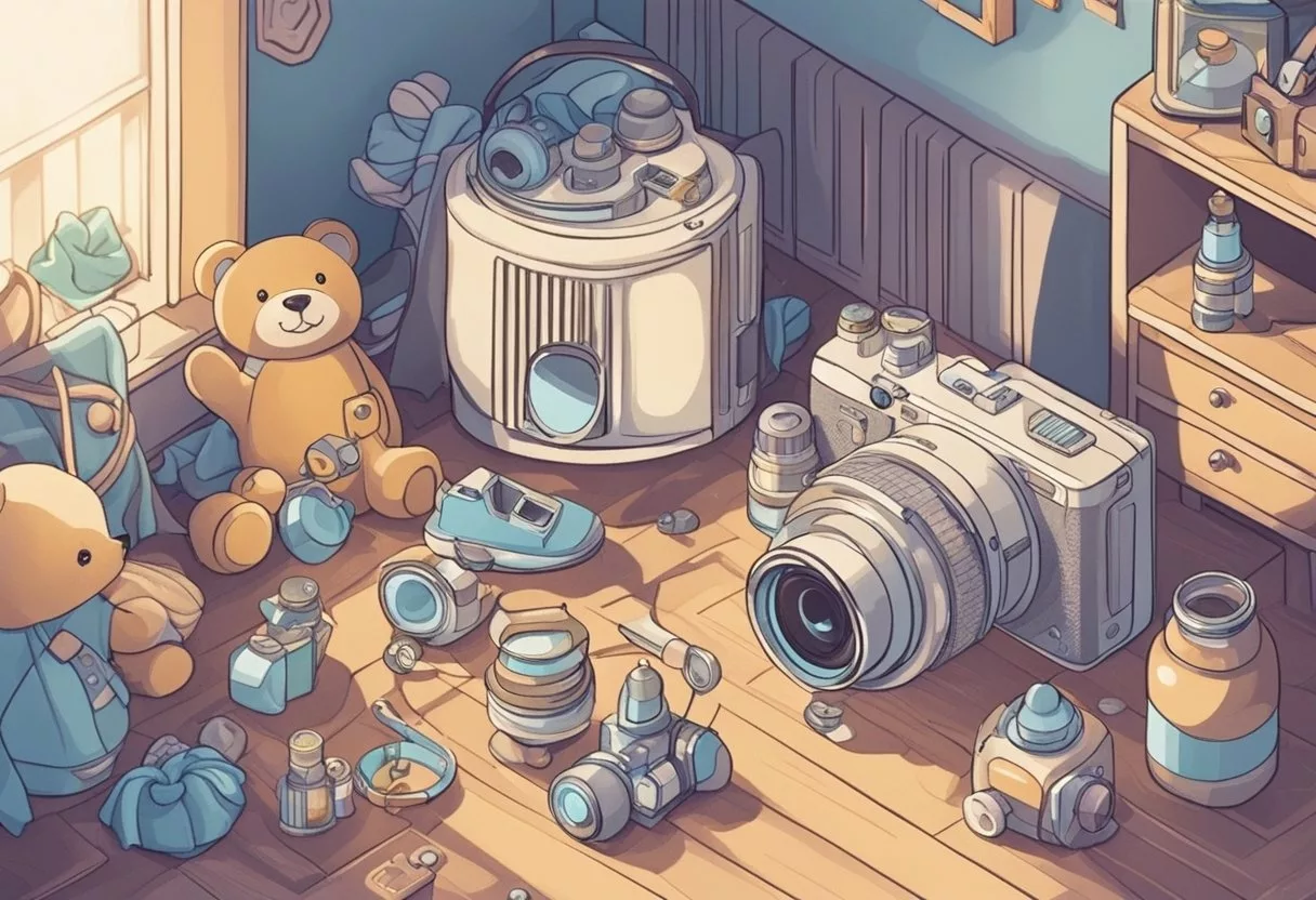 A camera surrounded by baby-related items like toys, blankets, and bottles, with soft lighting and a cozy atmosphere