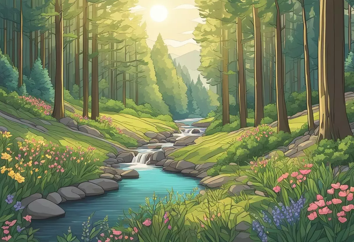 A serene forest clearing with sunlight filtering through the trees, surrounded by vibrant wildflowers and a gentle stream flowing nearby