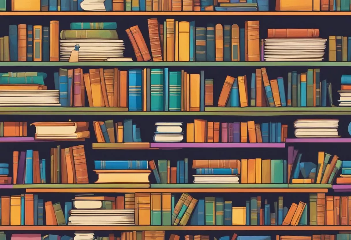 A colorful bookshelf with Spanish and English books, a globe, and a stack of flashcards