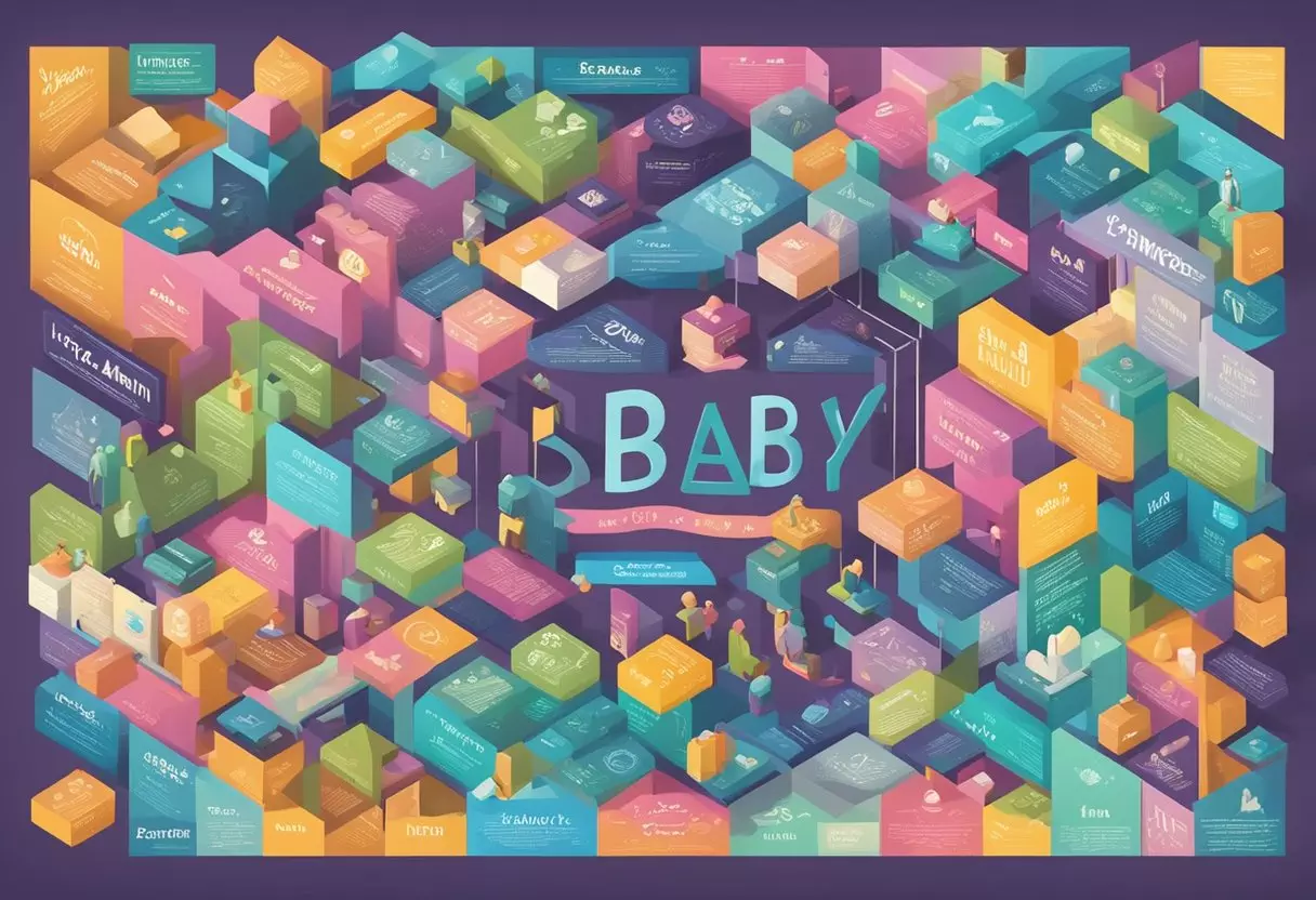 A colorful array of baby names, from traditional to modern, displayed on a vibrant backdrop with playful fonts and whimsical illustrations