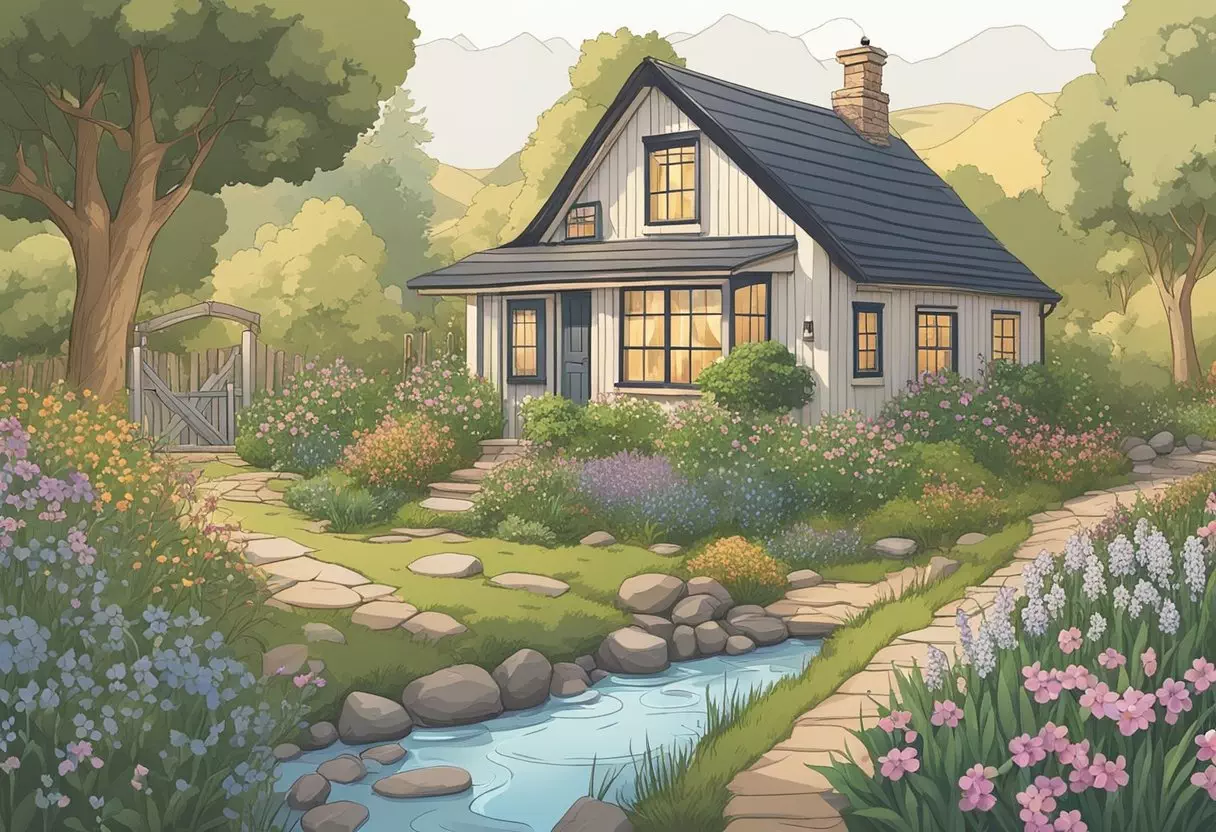 A cozy cottage with a garden, surrounded by wildflowers and a babbling brook. A warm, inviting atmosphere with a hint of nostalgia