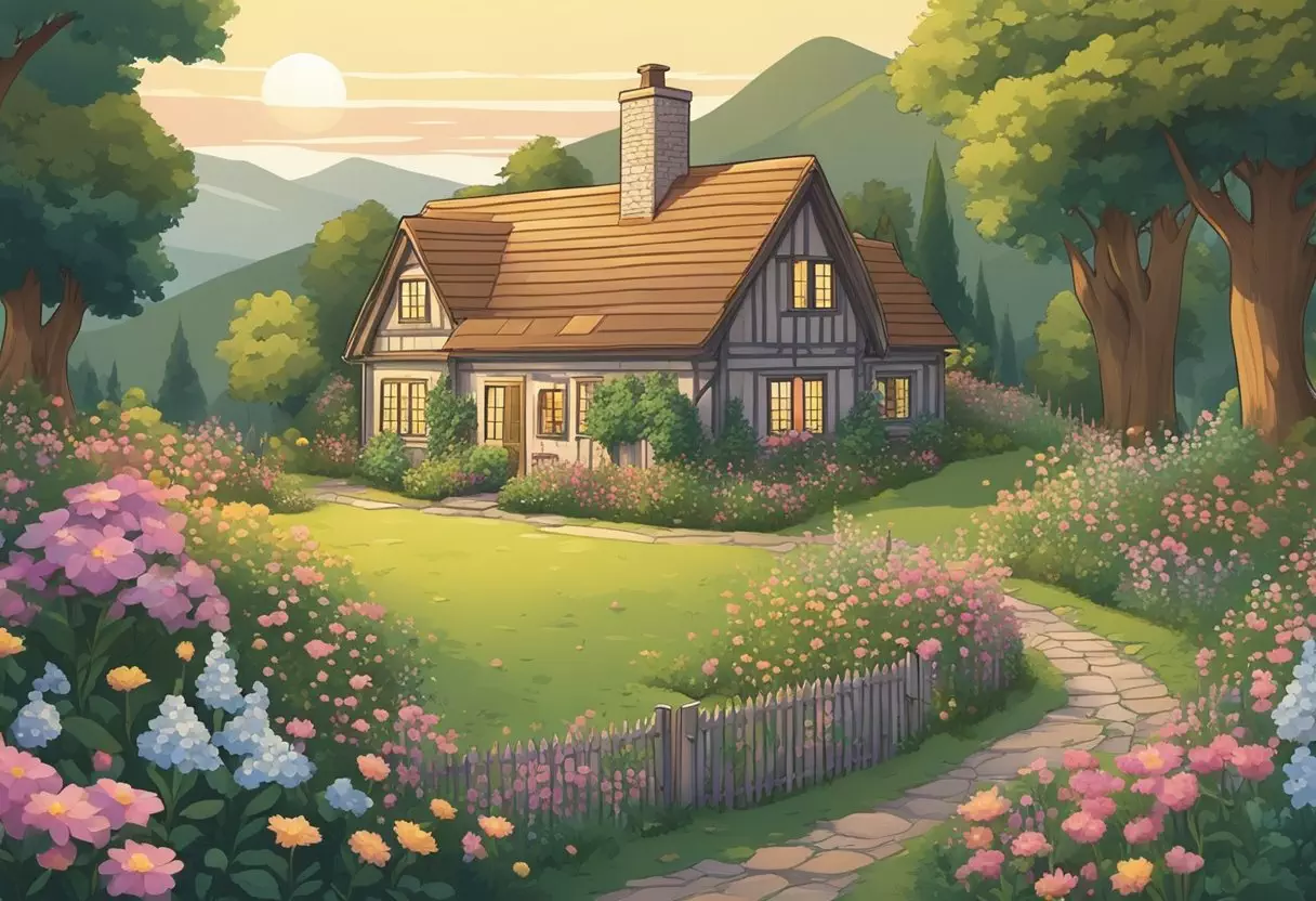 A cozy cottage nestled in a picturesque countryside, surrounded by blooming wildflowers and lush greenery. A warm, inviting atmosphere with a hint of nostalgia