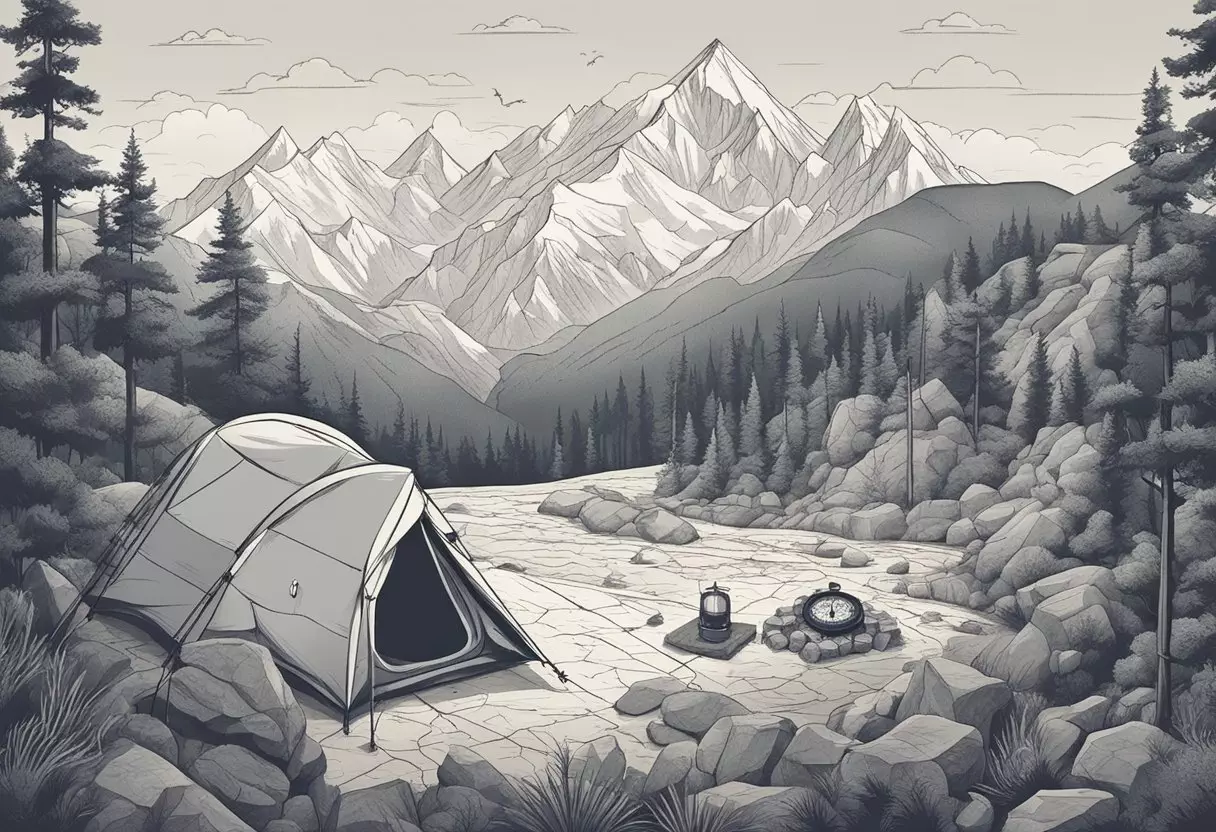 A rugged landscape with a compass and map, surrounded by adventurous elements like a tent, backpack, and a roaring campfire