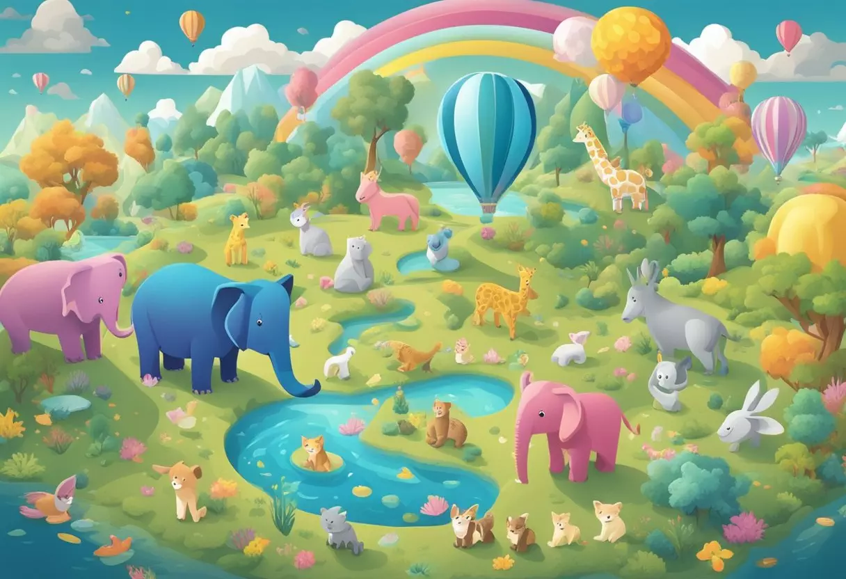 A colorful array of baby names floats above a whimsical landscape, with vibrant characters and playful animals adding to the sense of adventure