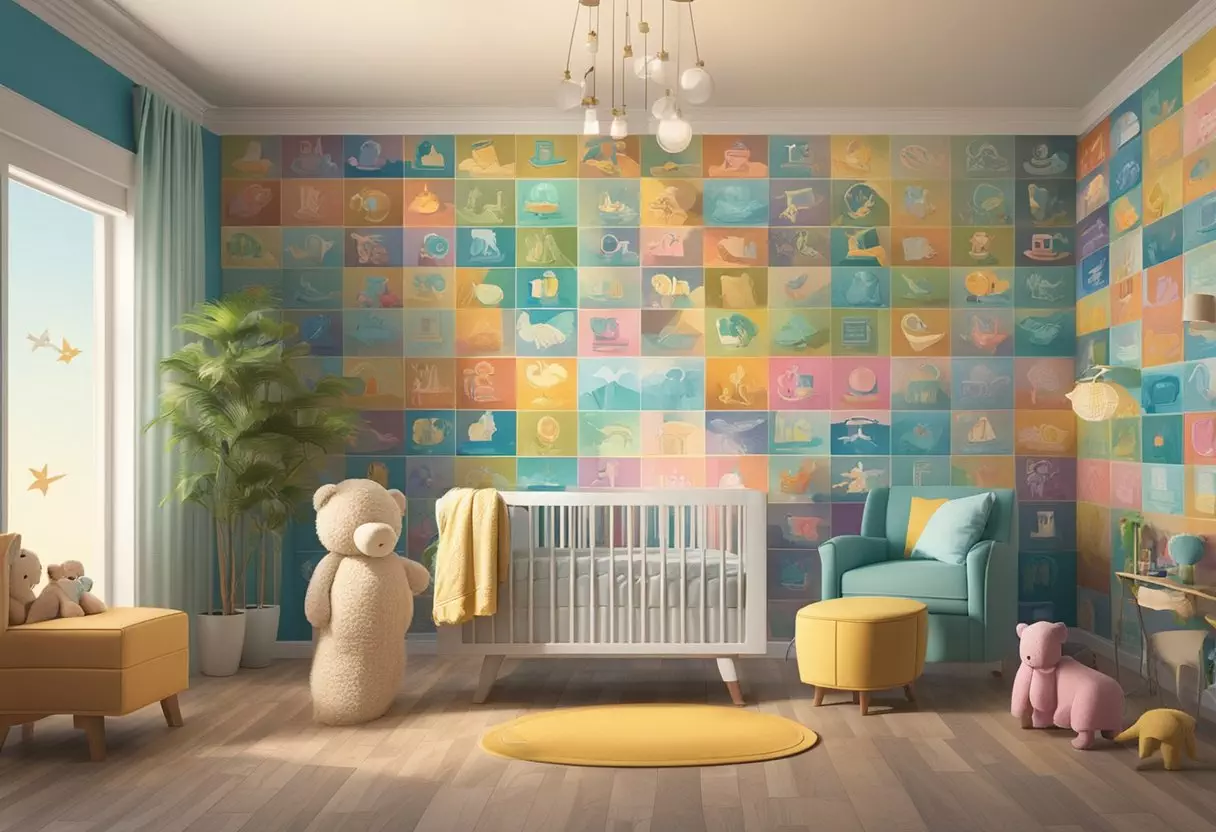 A colorful collage of popular 00s baby names displayed on a vintage-inspired nursery wall