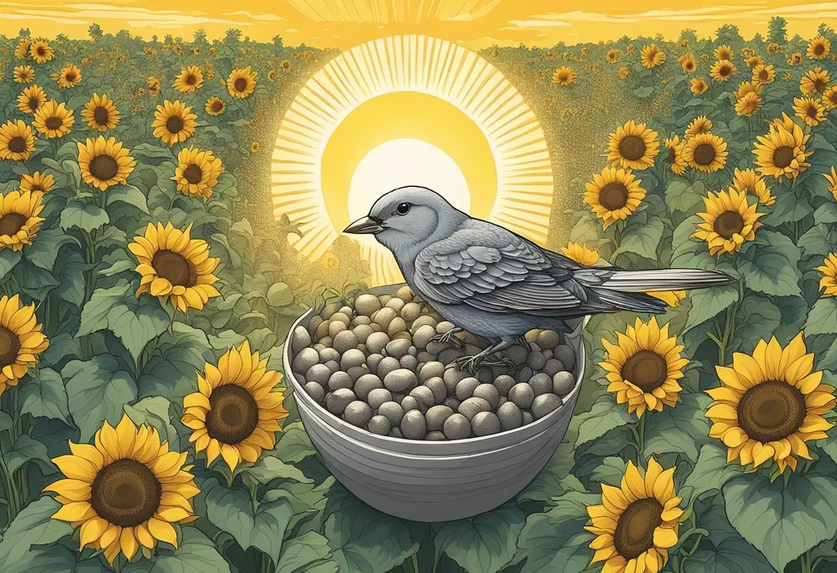 A bright sun shining down on a field of sunflowers, with a baby bird hatching from its egg, symbolizing the meaning of 