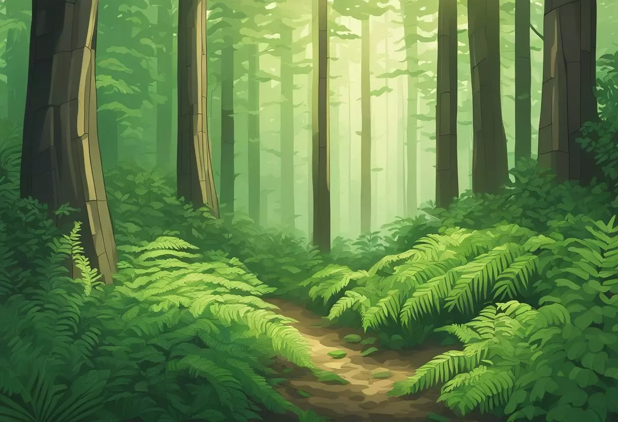 A lush green forest floor with delicate ferns unfurling in the dappled sunlight