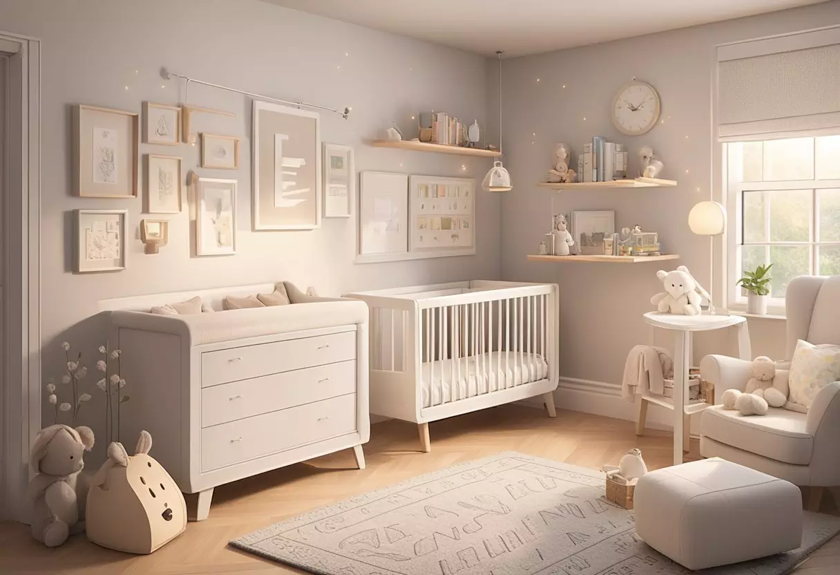 A cozy nursery with a shelf of baby name books, a soft rug, and a mobile of letters spelling out 