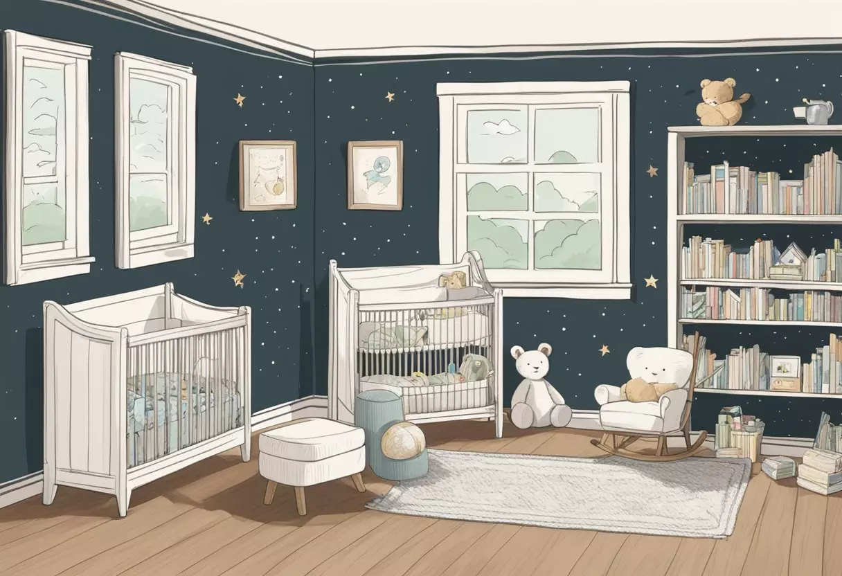 A nursery with a bookshelf filled with baby name books, a cozy rocking chair, and a chalkboard with 