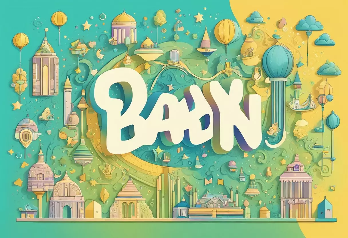 A list of baby names, including Ryan, displayed on a colorful background with playful fonts and decorative elements