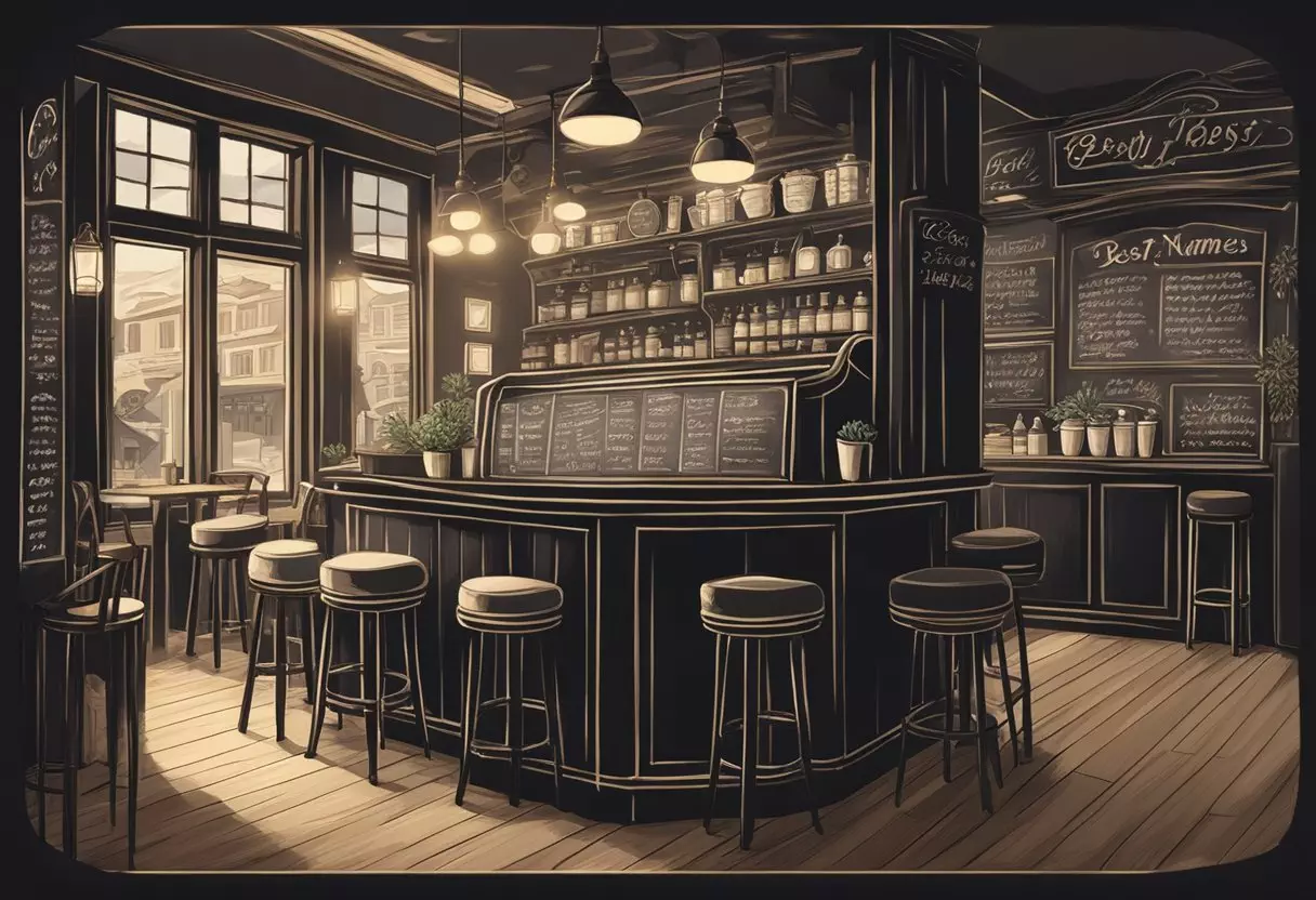 A cozy cafe with soft lighting and a chalkboard sign reading 