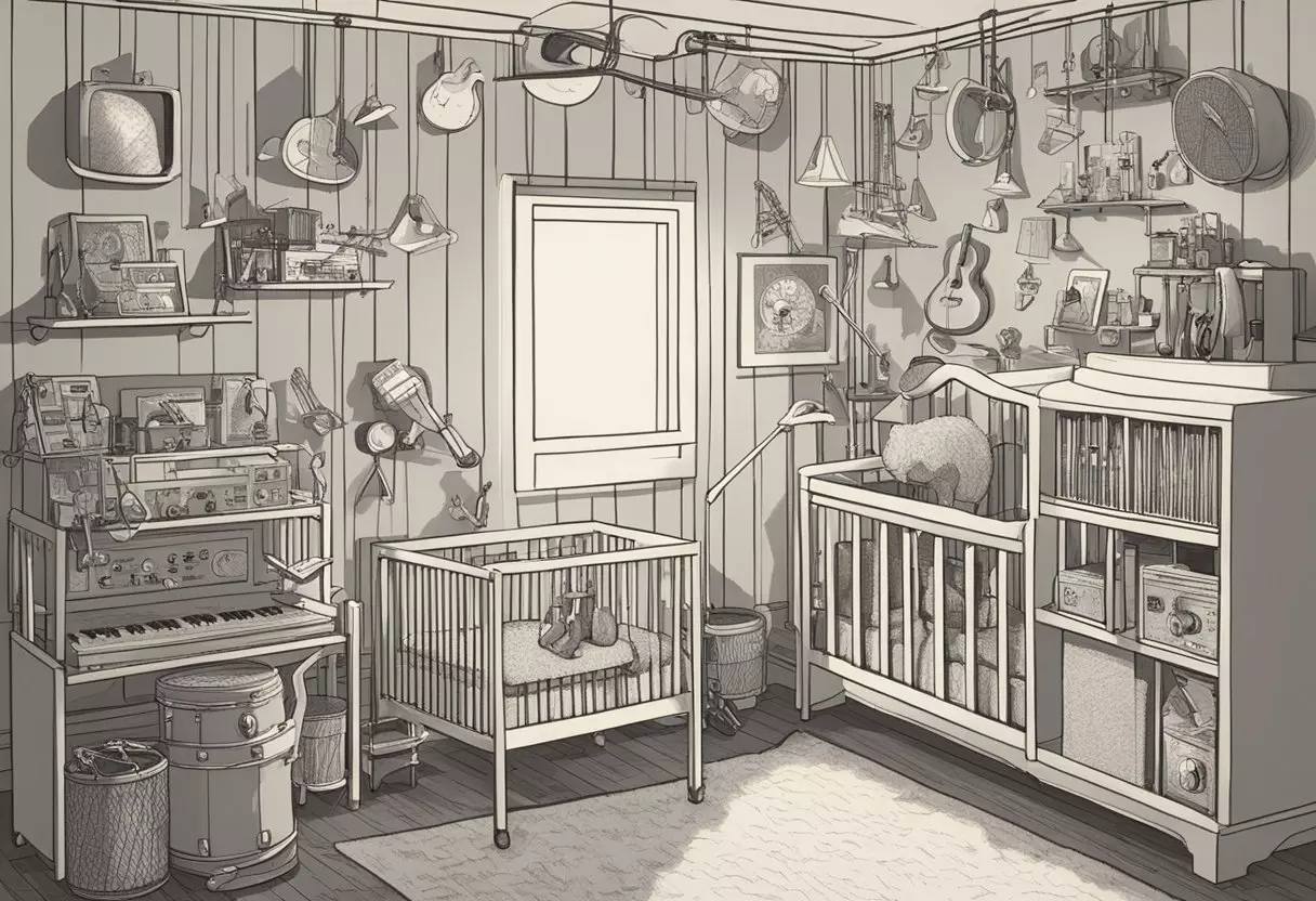 In a nursery, musical instruments hang on the wall. A mobile of tiny guitars, drums, and microphones twirl above a crib labeled 