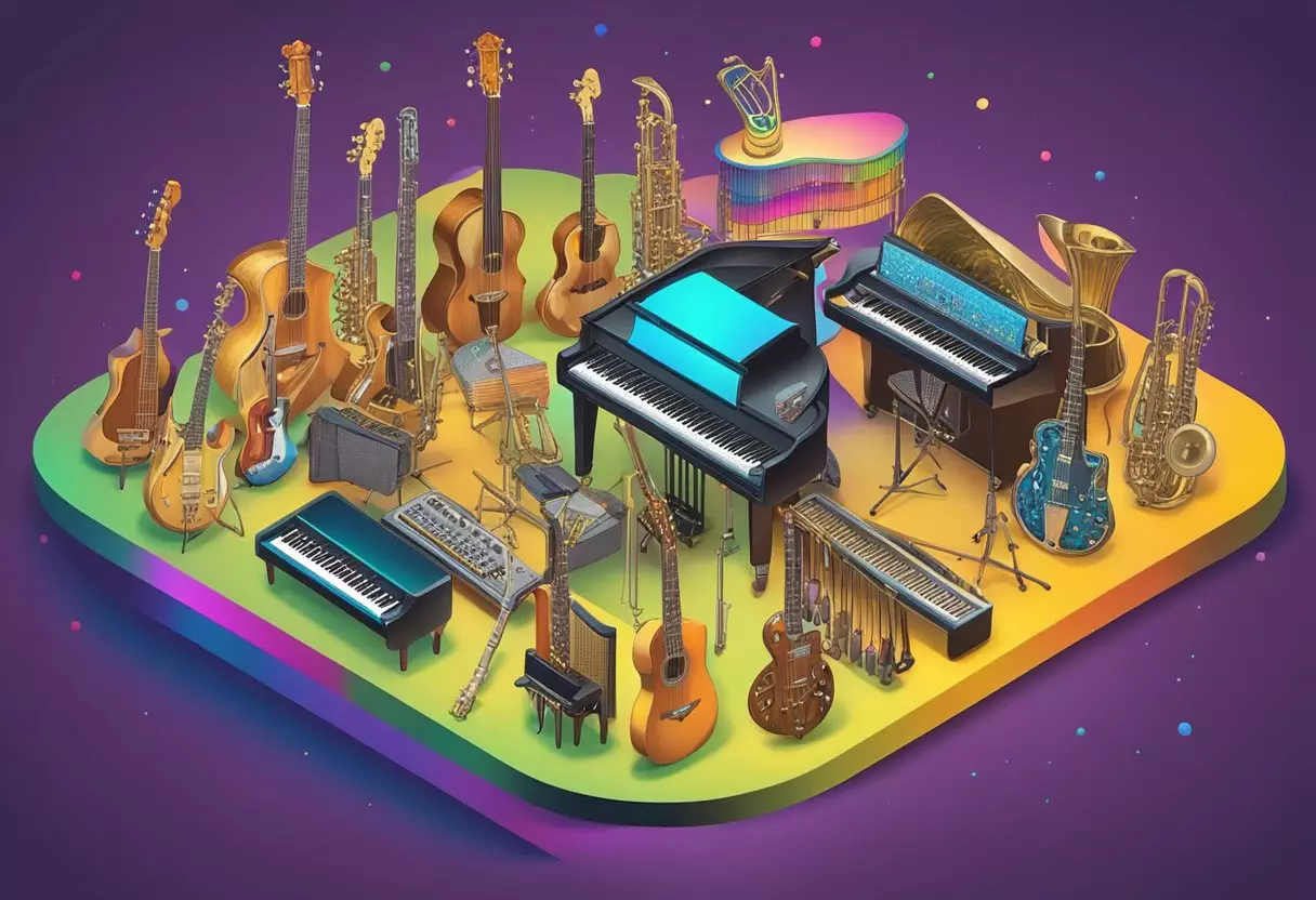 Musical instruments arranged in a colorful display, with names of famous musicians written above each one