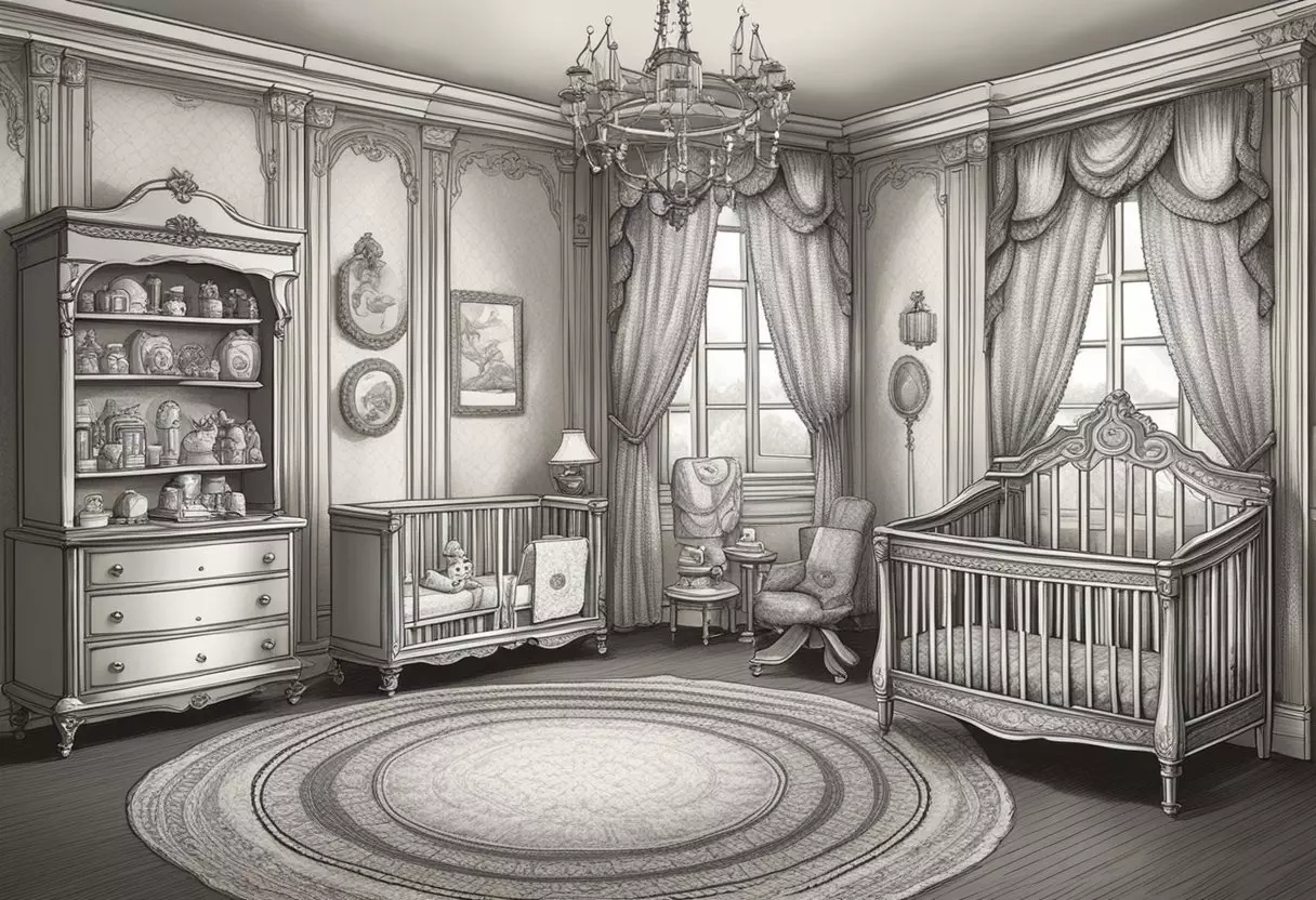 Victorian-themed nursery with vintage toys, lace curtains, and ornate furniture