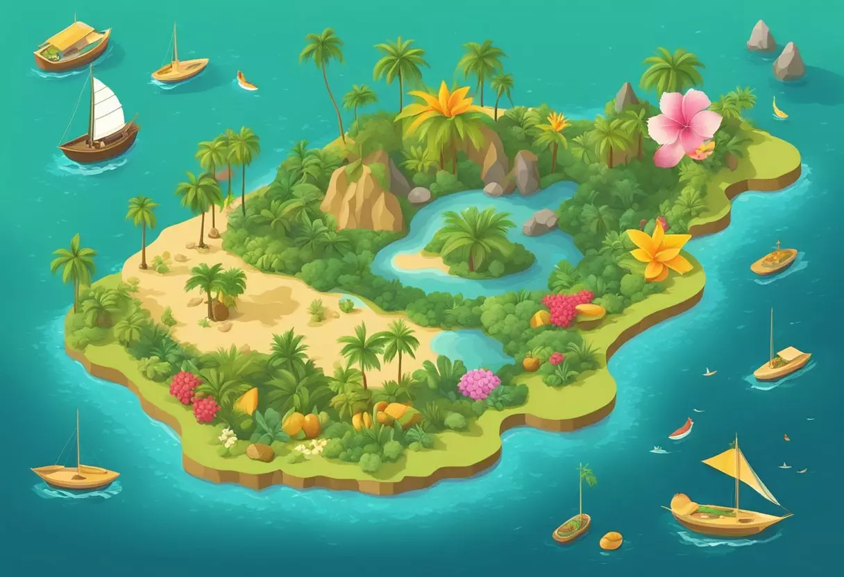 Tropical fruits and flowers surround a map of islands, with names like Fiji, Tahiti, and Aruba written in playful fonts