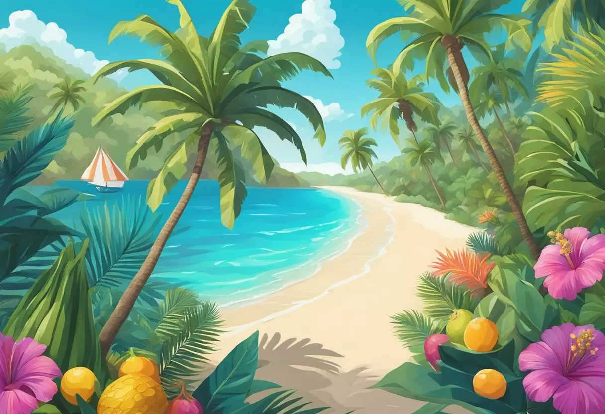 A tropical beach with palm trees and crystal clear water, surrounded by colorful flowers and exotic fruits