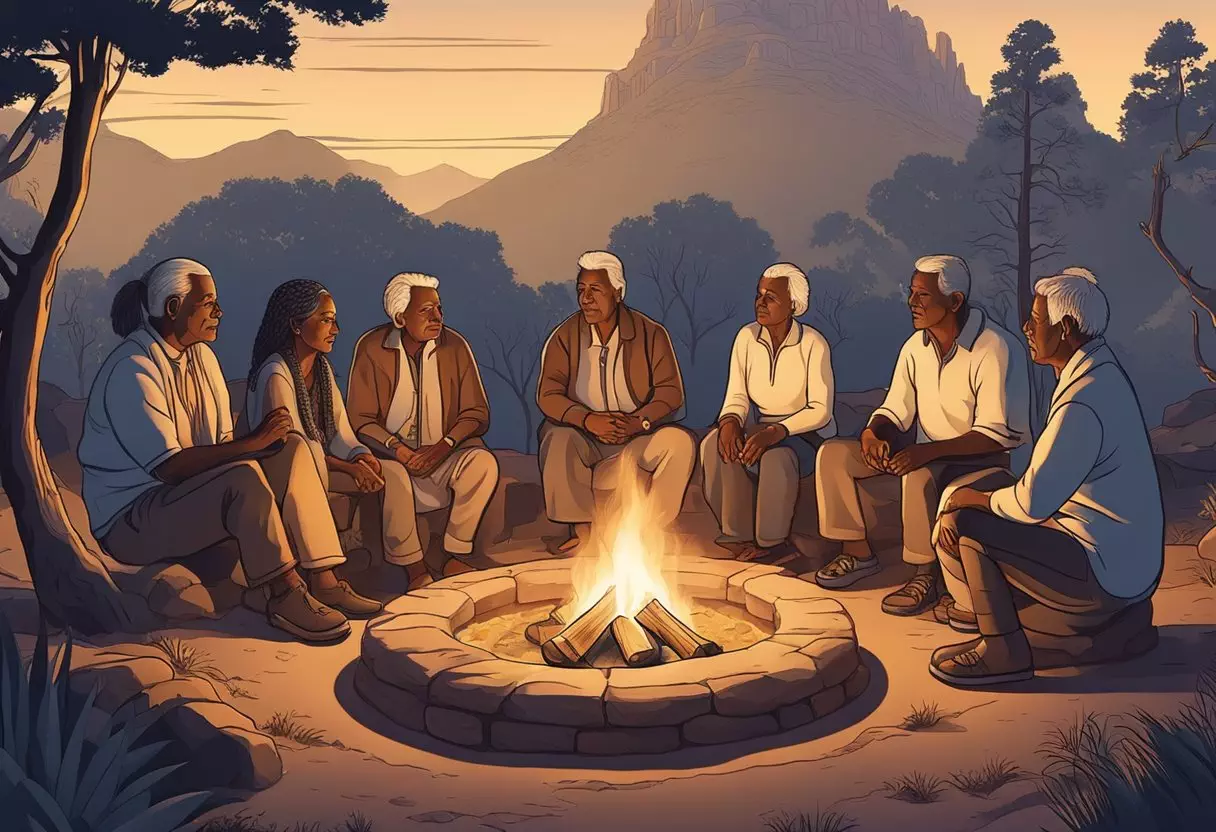 A circle of elders sit around a fire, sharing stories and passing down traditional aboriginal baby names to a young couple