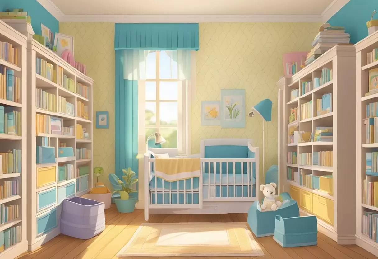 A colorful array of baby name books and lists scattered across a cozy, sunlit nursery room