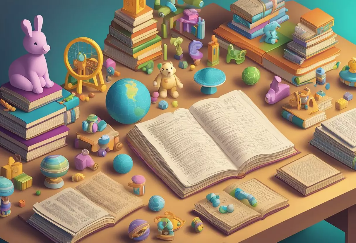 A table with a list of Hebrew baby names, surrounded by colorful baby toys and books