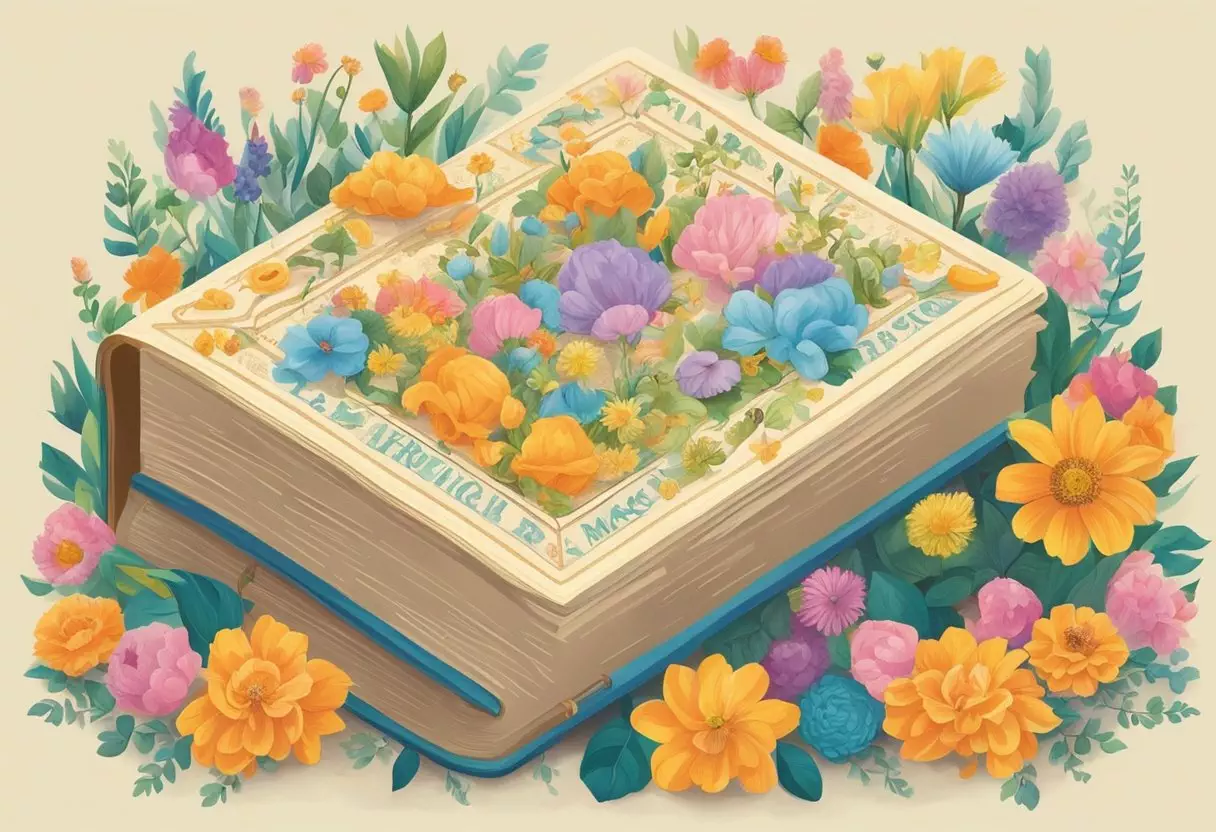 A colorful array of Latin baby names cascading from a vintage book, surrounded by vibrant flowers and playful animal illustrations