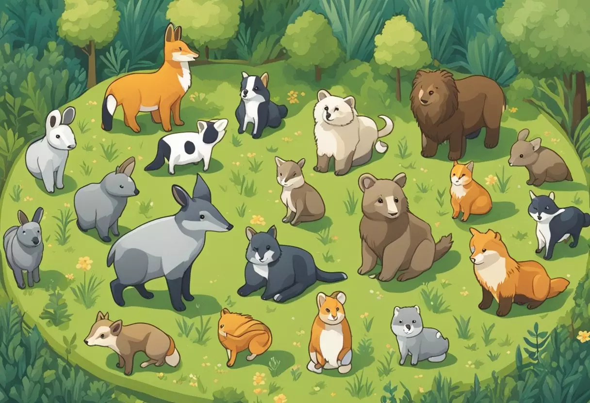 A menagerie of cute animals sits in a meadow, each with a name tag starting with the letter 