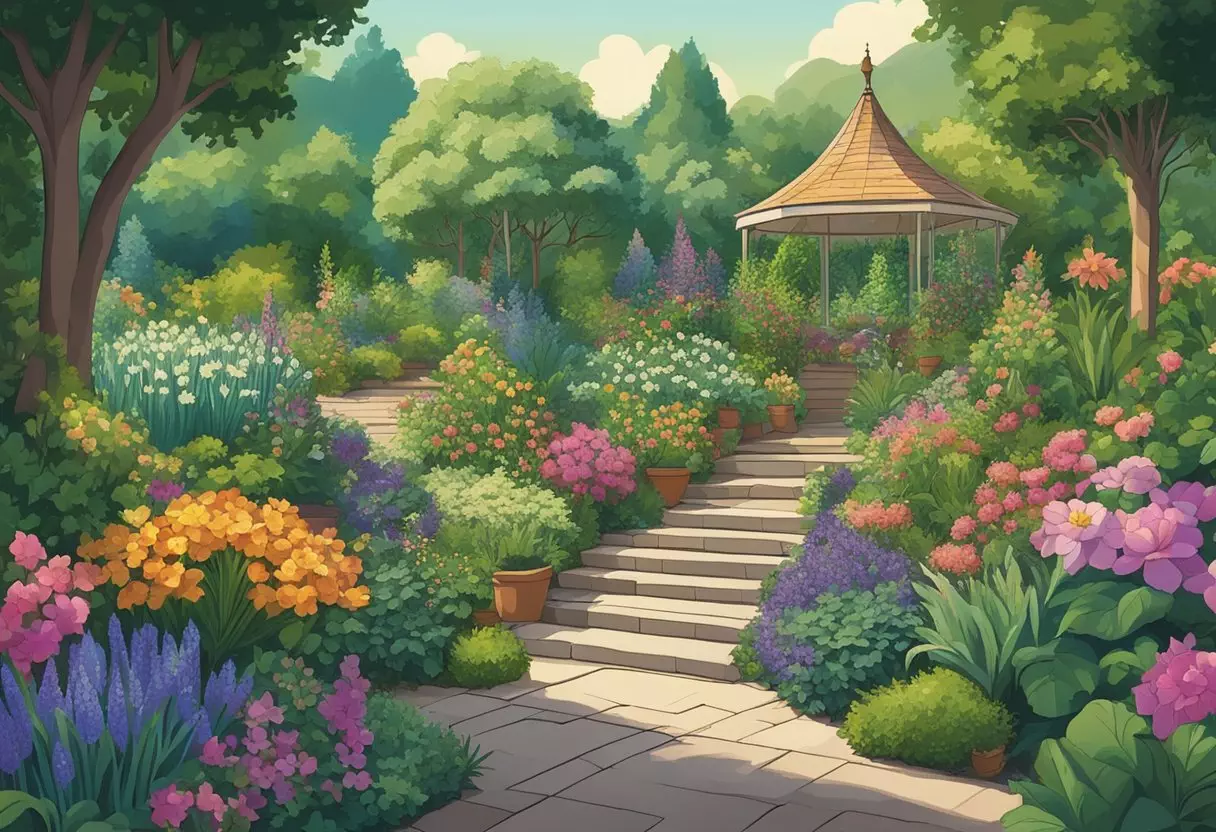 A lush garden filled with vibrant flowers and plants, with a sign reading 