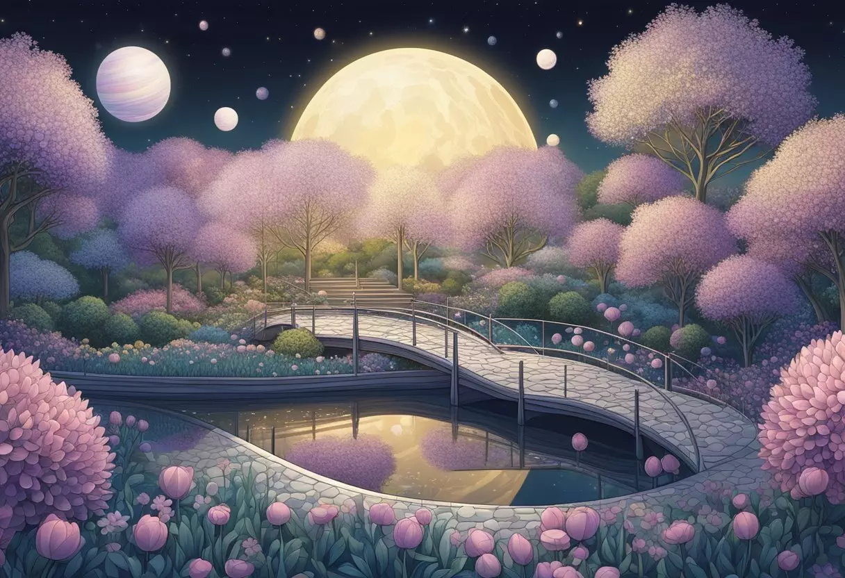 A glowing, celestial garden with shimmering flowers and floating orbs