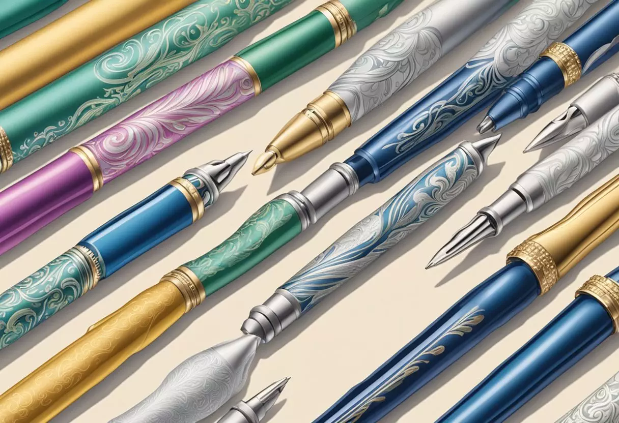 A row of elegant, flowing calligraphy pens inscribed with long, elaborate baby names