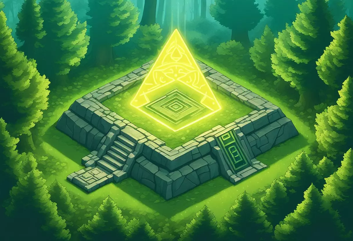 A glowing Triforce hovers above a lush forest, as a fairy circles around the names 