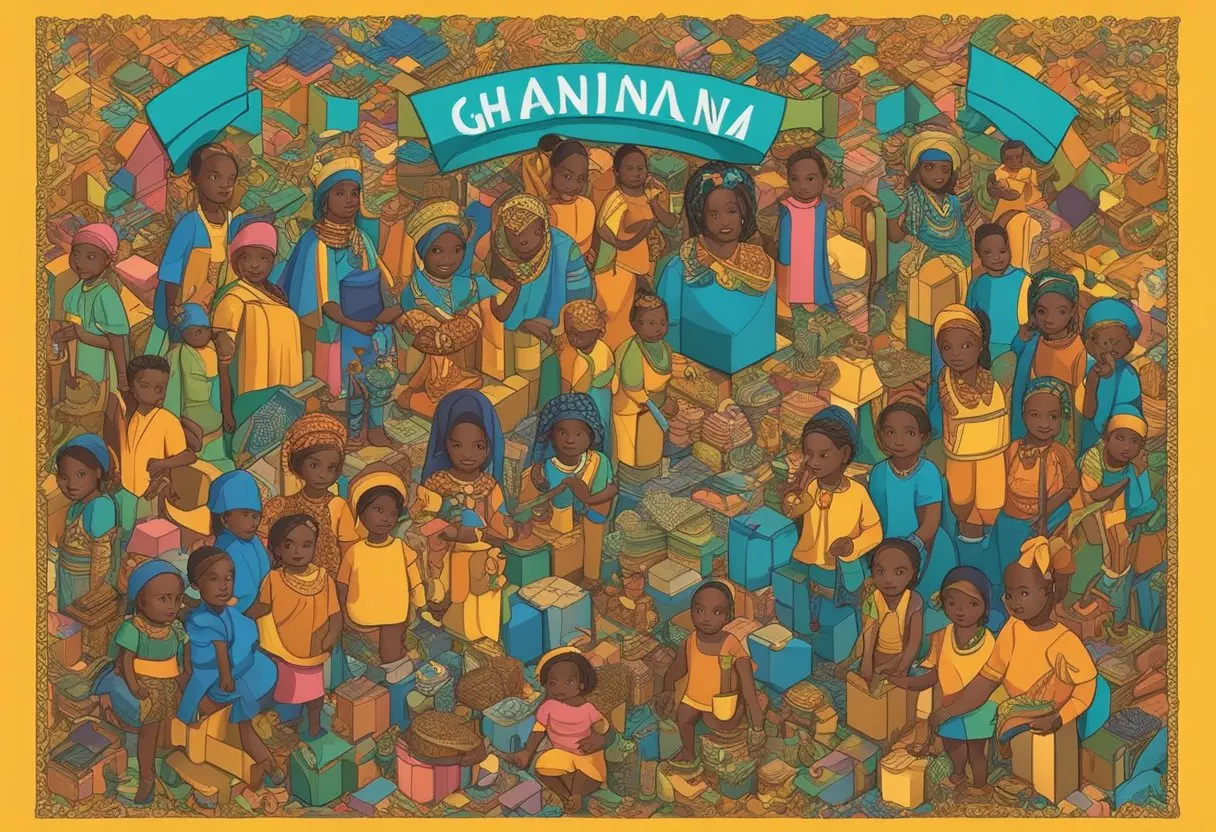 A colorful array of Ghanaian baby names displayed on a vibrant banner with traditional patterns and symbols