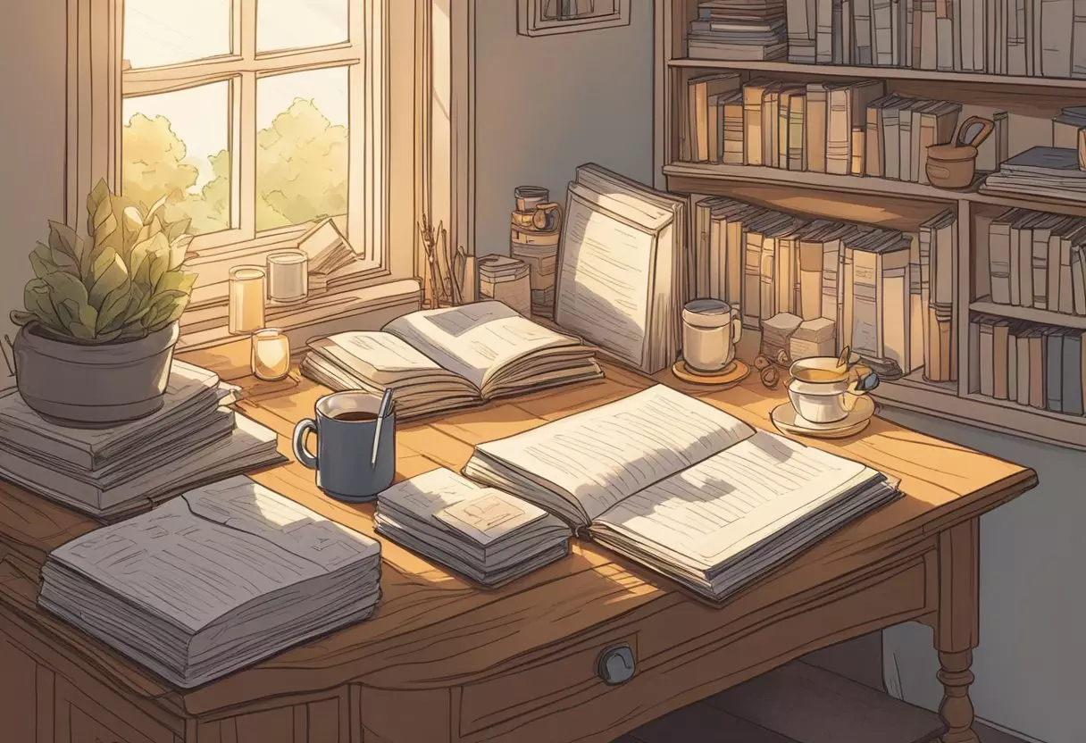 A cozy study with a desk covered in baby name books, a mug of tea, and a notepad filled with scribbled ideas. A window lets in soft, natural light, casting a warm glow over the room