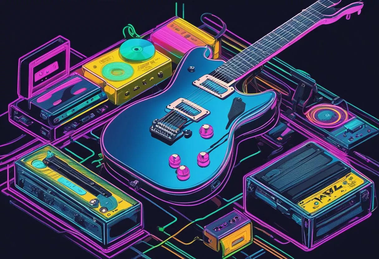 An electric guitar surrounded by neon lights, vinyl records, and cassette tapes with names like Axel, Axl, and Slash written on them