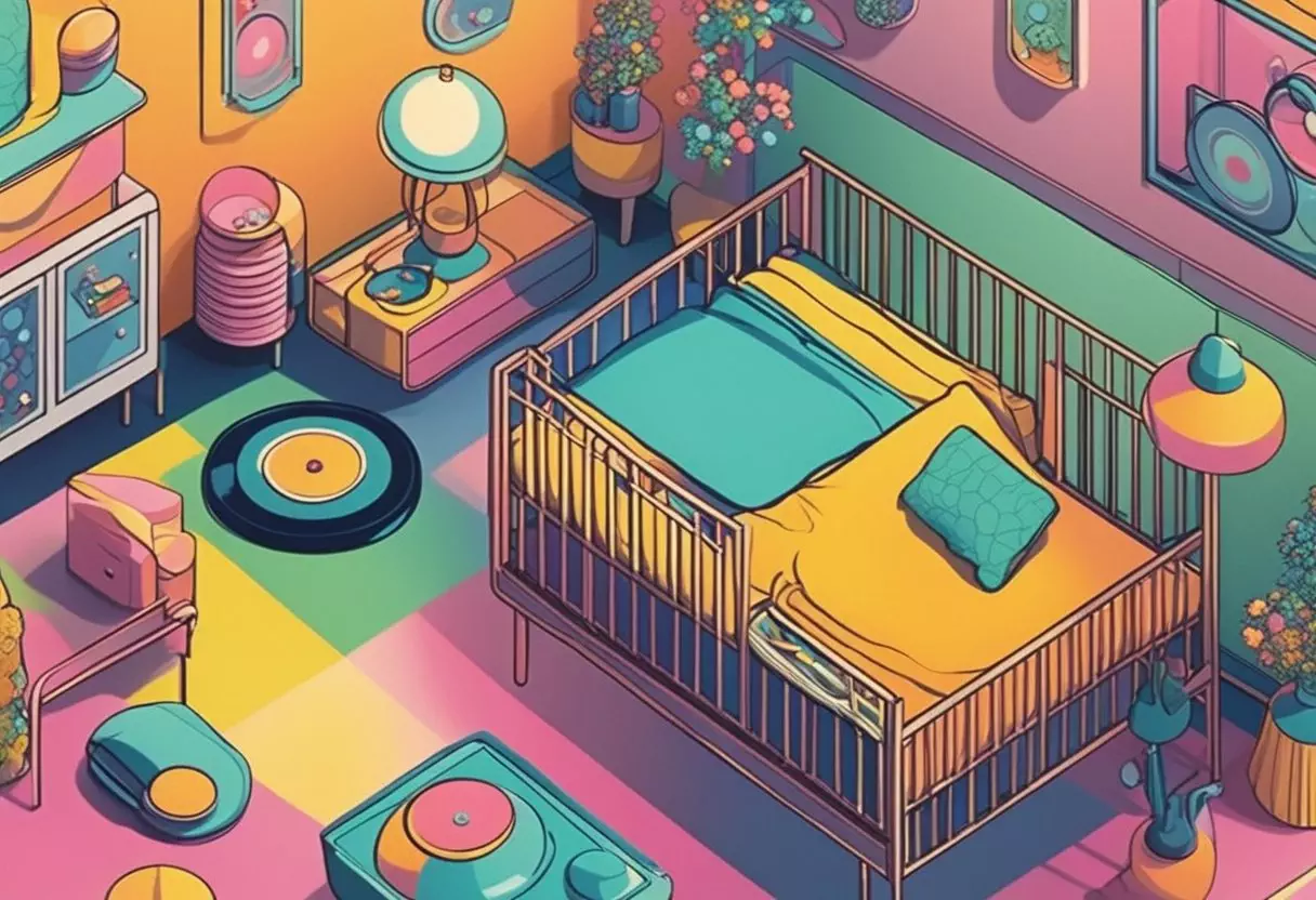 A colorful 60's inspired nursery with retro wallpaper, vinyl records, lava lamps, and a vintage crib