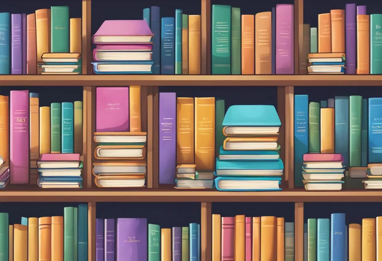 A stack of colorful baby name books sits on a desk in a cozy library, surrounded by shelves filled with more books on the subject