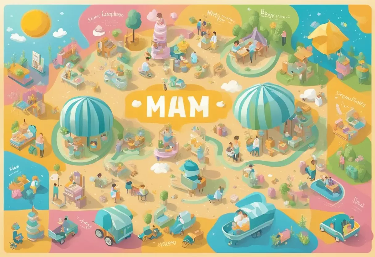 A colorful array of baby names displayed on a board, surrounded by cheerful illustrations and playful designs