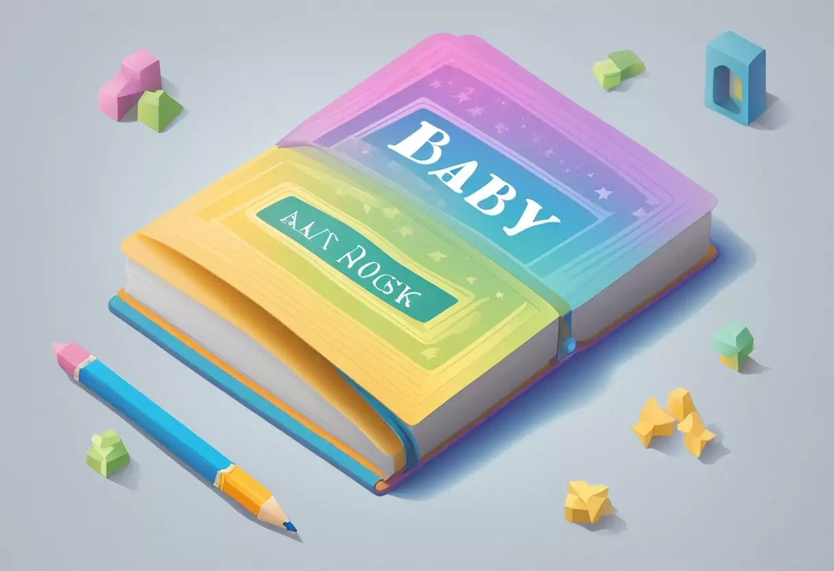 Colorful baby name book open on a table, with a pencil and notepad nearby