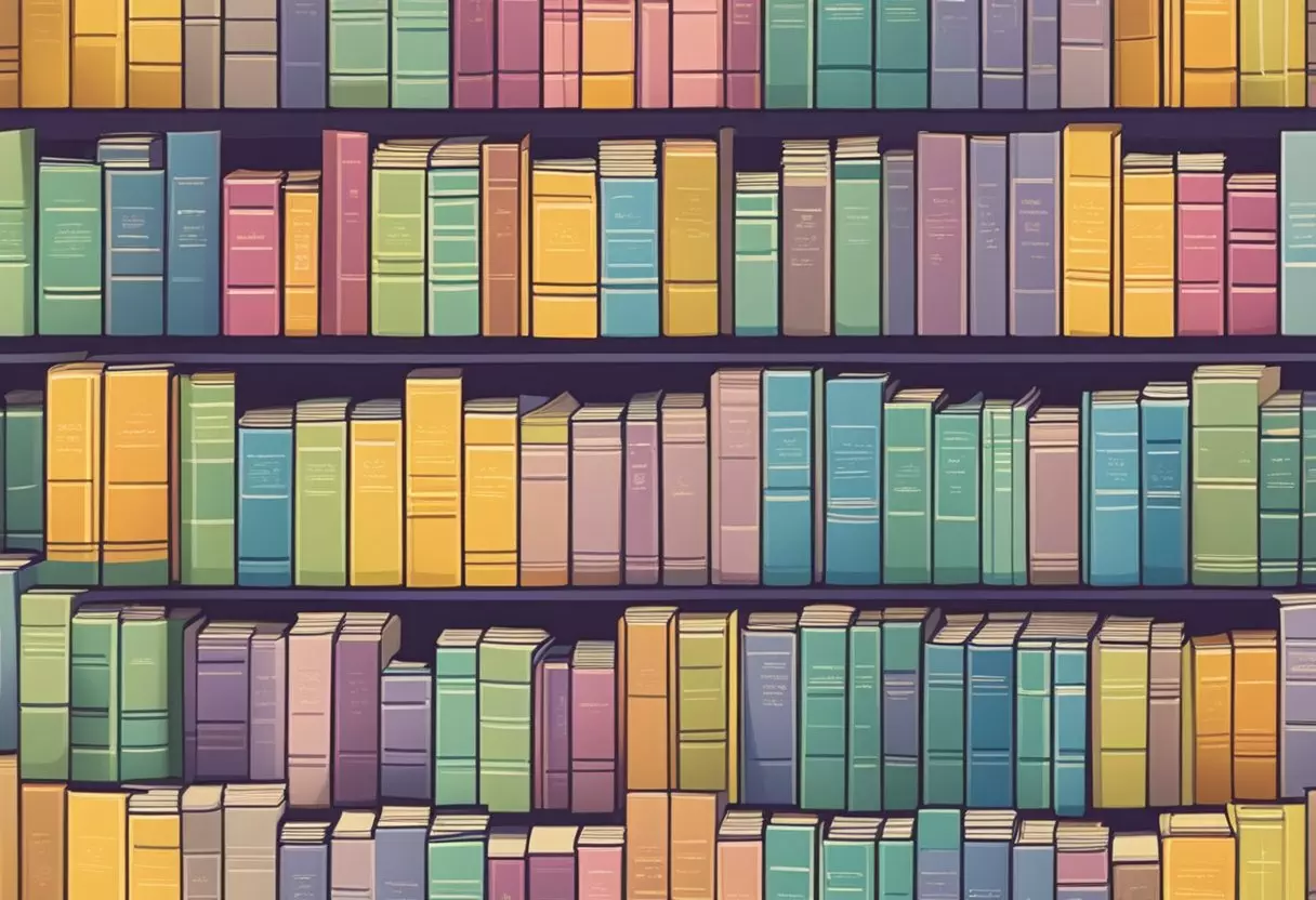 A collection of colorful baby name books arranged on a shelf, with a small, delicate flower vase sitting next to them