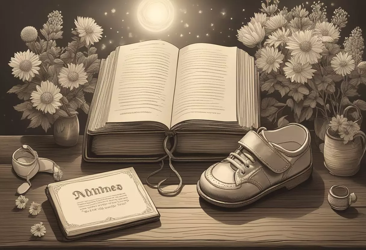 A rustic setting with a vintage baby name book open on a wooden table, surrounded by wildflowers and a small pair of baby shoes