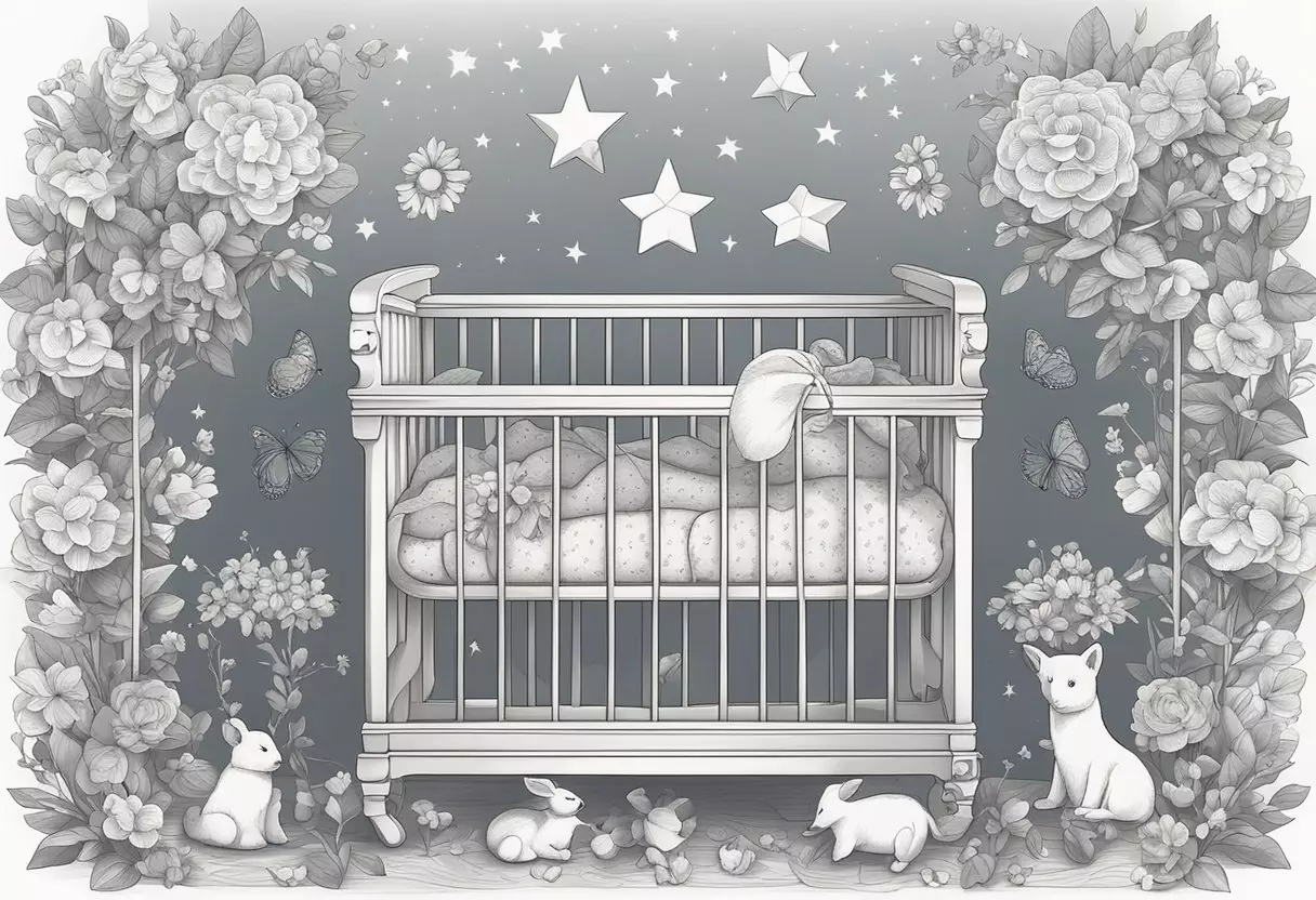 Objects like stars, flowers, and animals surround a cradle, representing potential baby names