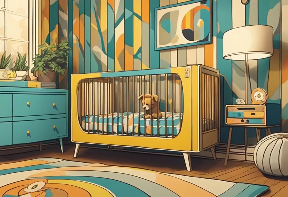 Colorful 70's themed nursery with retro wallpaper, vinyl records on the wall, and a vintage crib with 