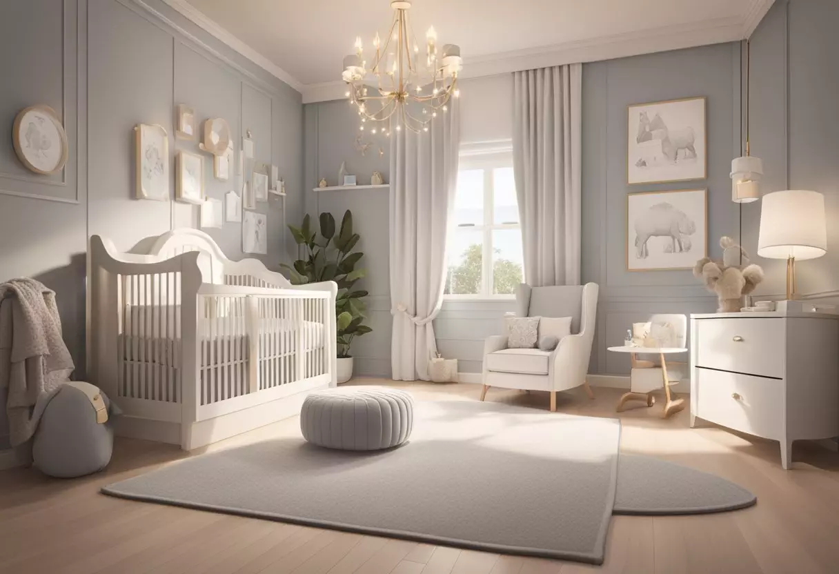 A stylish nursery with elegant decor and soft lighting, featuring a display of trendy baby name ideas