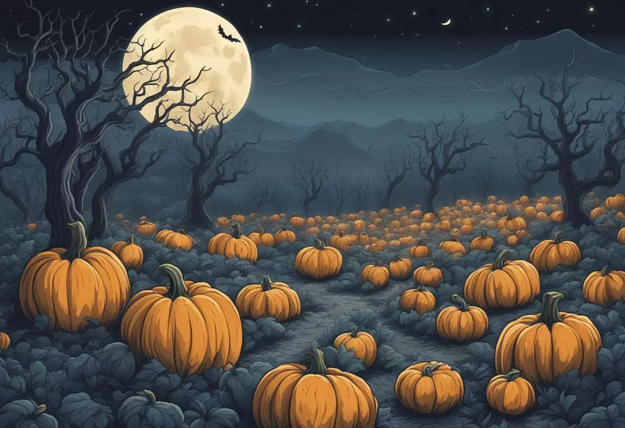 A spooky pumpkin patch with a full moon shining above, surrounded by eerie mist and twisted trees