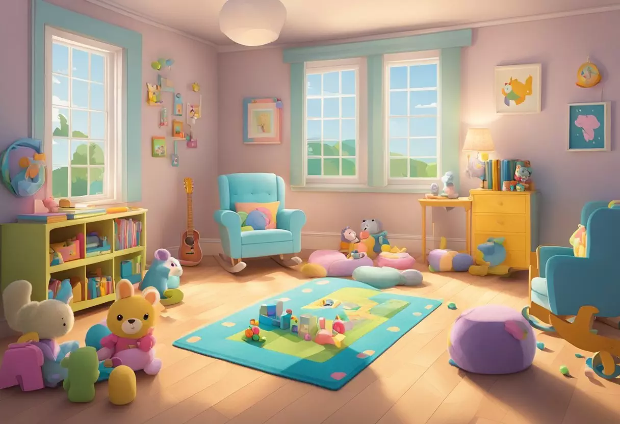 A nursery with colorful toys and books scattered on the floor, a cozy rocking chair by the window, and a soft, fluffy rug with the name ideas 