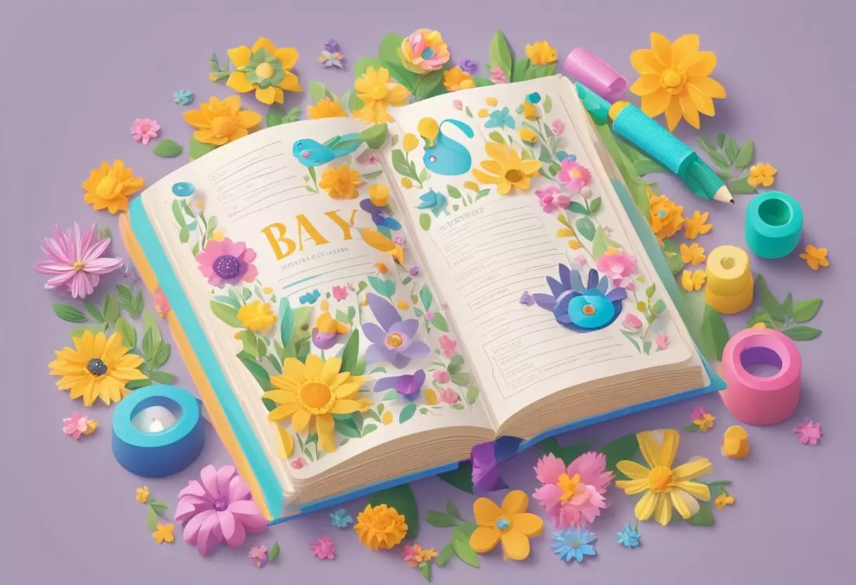 Colorful baby name book open on a table, surrounded by vibrant flowers and playful toys