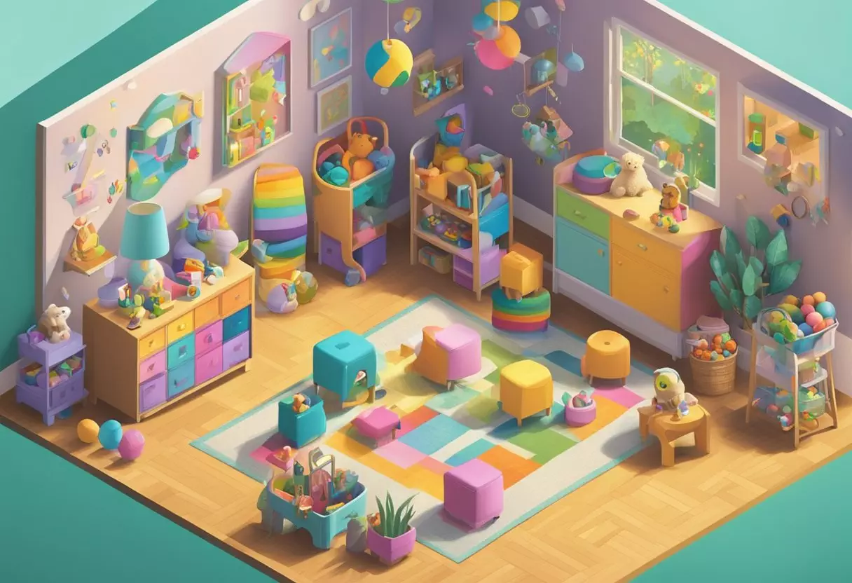 A chaotic nursery filled with colorful toys and whimsical decor, with a sign reading 